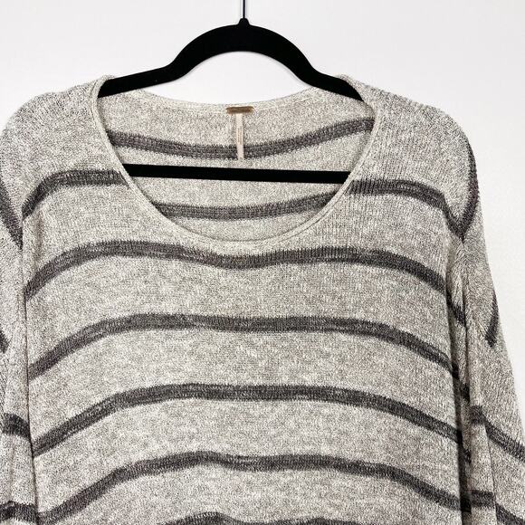 Free People XSmall Gray Striped Tunic Sweater Side Split Long Sleeve Oversized - Picture 3 of 8